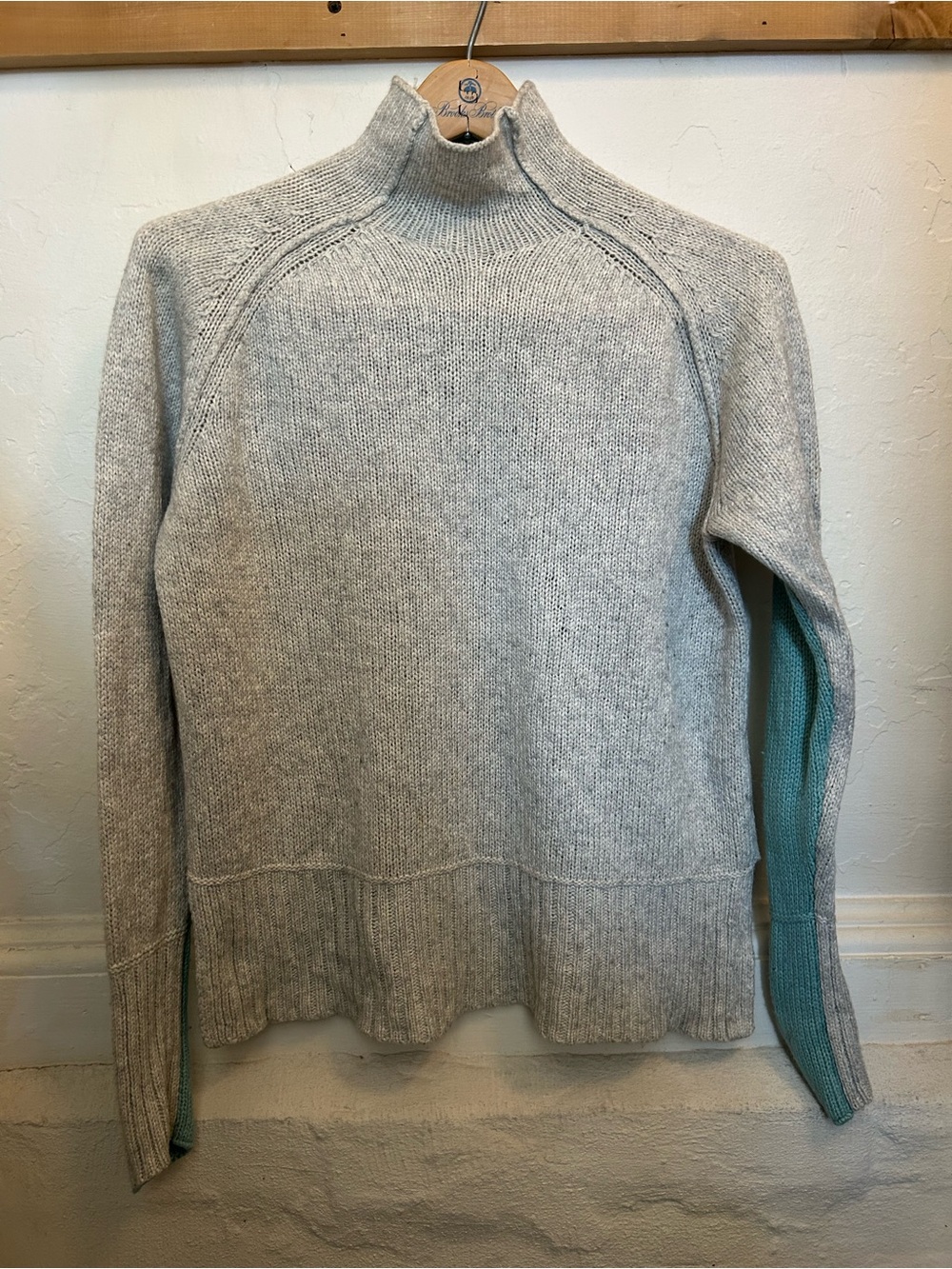 Light Gray Cowl Neck Sweater with Teal Sleeve Detail